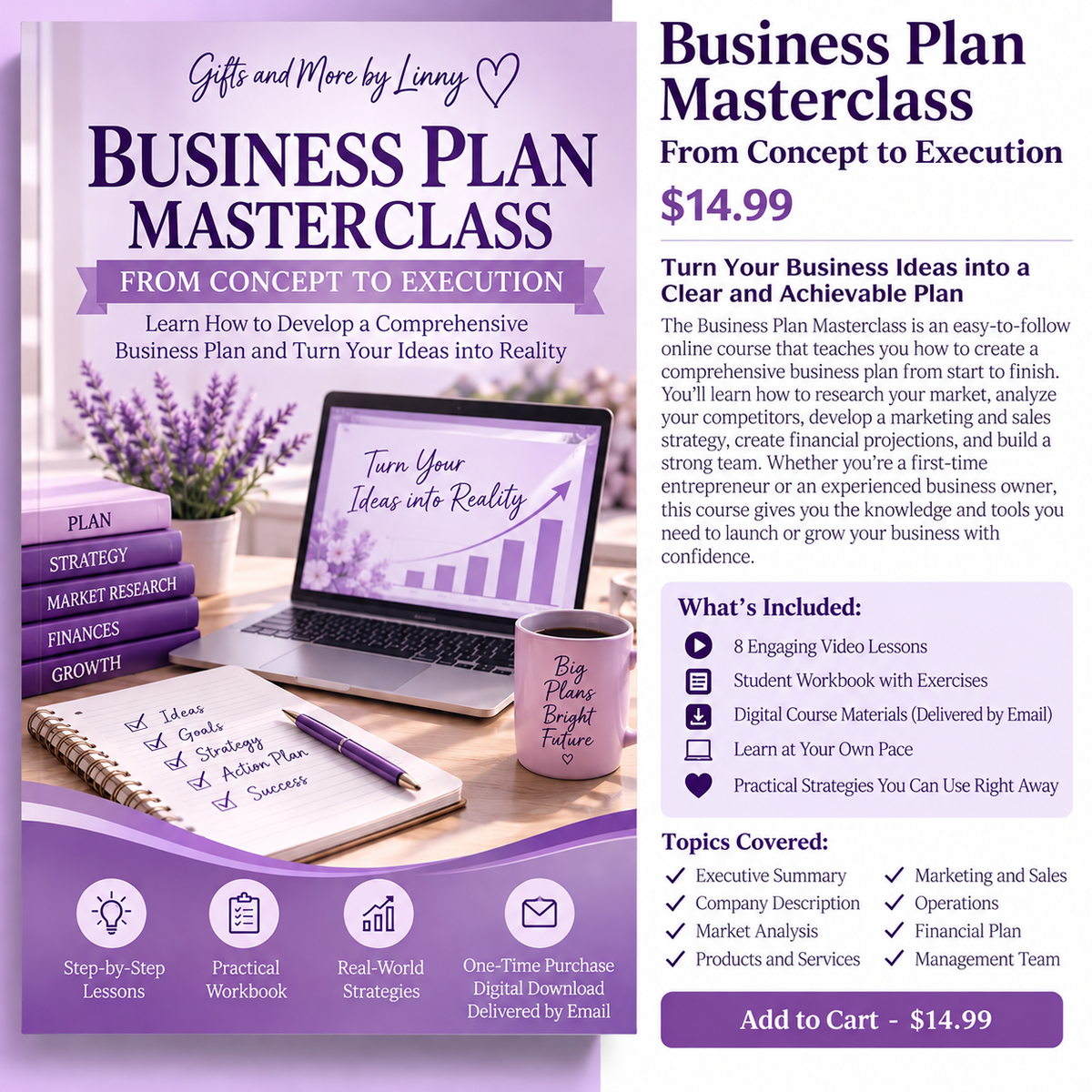 Business Plan Masterclass lavender cover $14.99 one-time purchase delivered by email