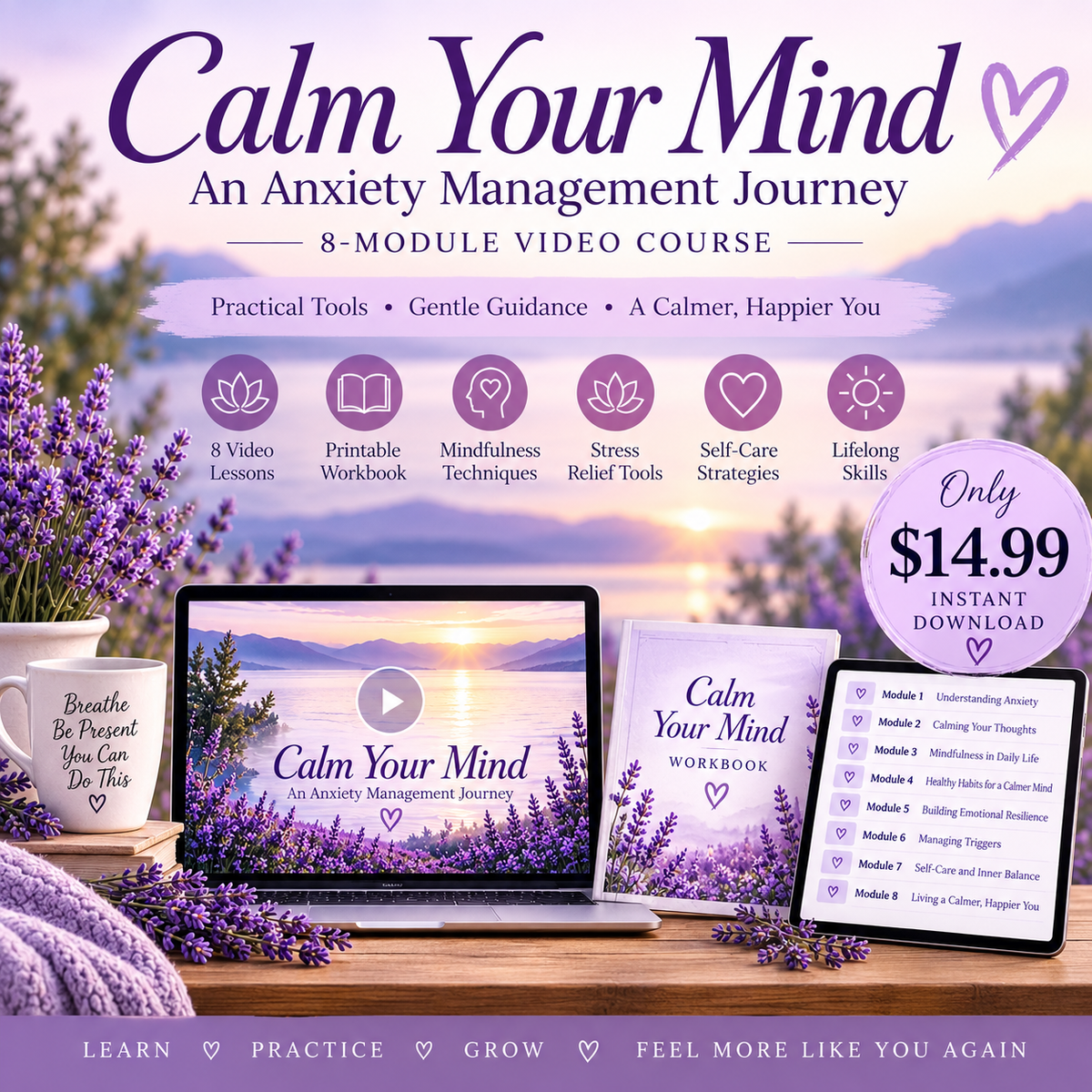 Calm Your Mind digital course with workbook, $14.99