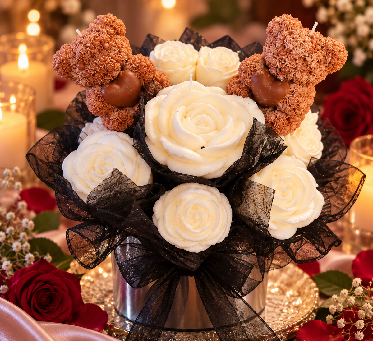 🌹 Love in Bloom – Teddy Bear & Rose Candle Bouquet