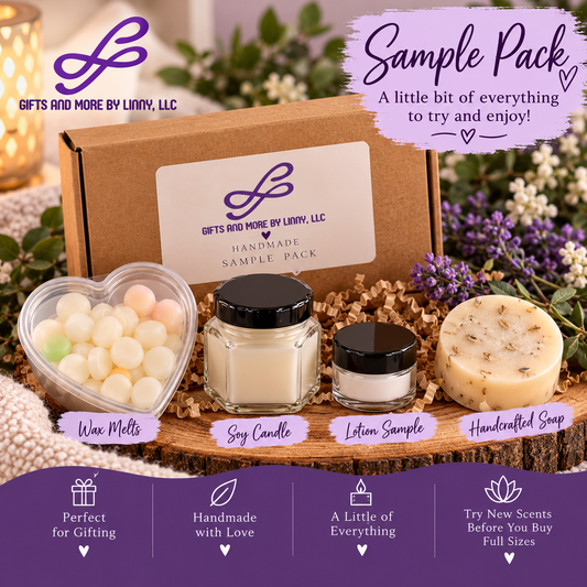 Illustrative mockup of four-piece handmade sample pack with wax melts, soy candle, lotion and round soap; final items may vary