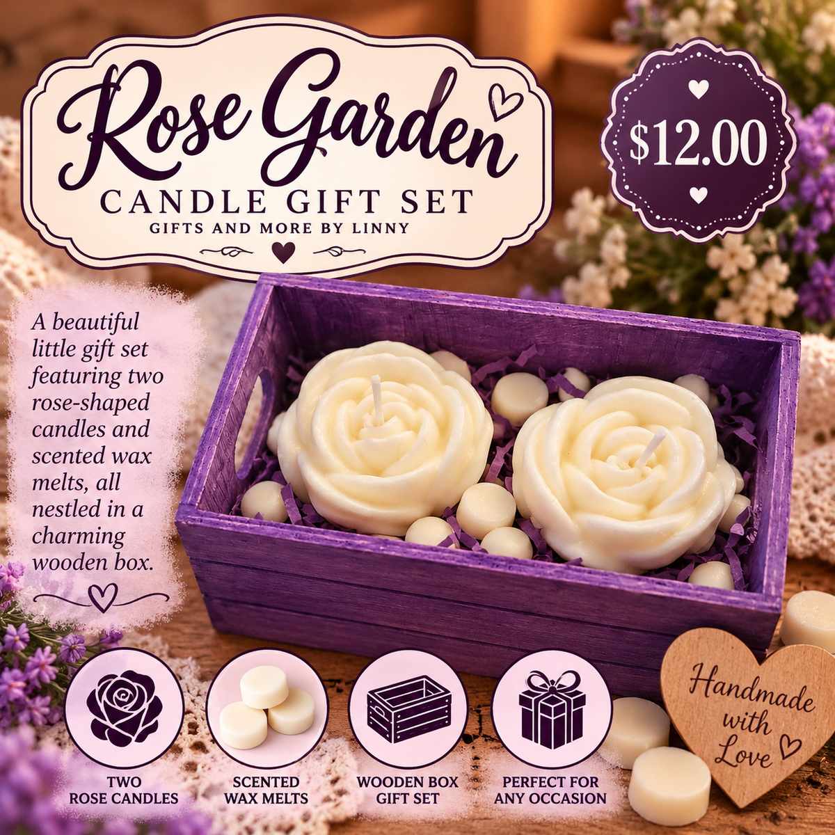 Rose Garden gift set mockup showing two ivory rose-shaped candles, white wax melts, and purple wooden box