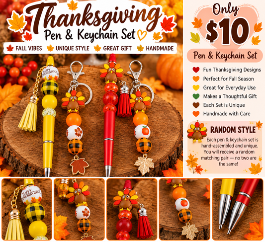 Thanksgiving themed beaded pen and matching keychain set promotional mockup, random style